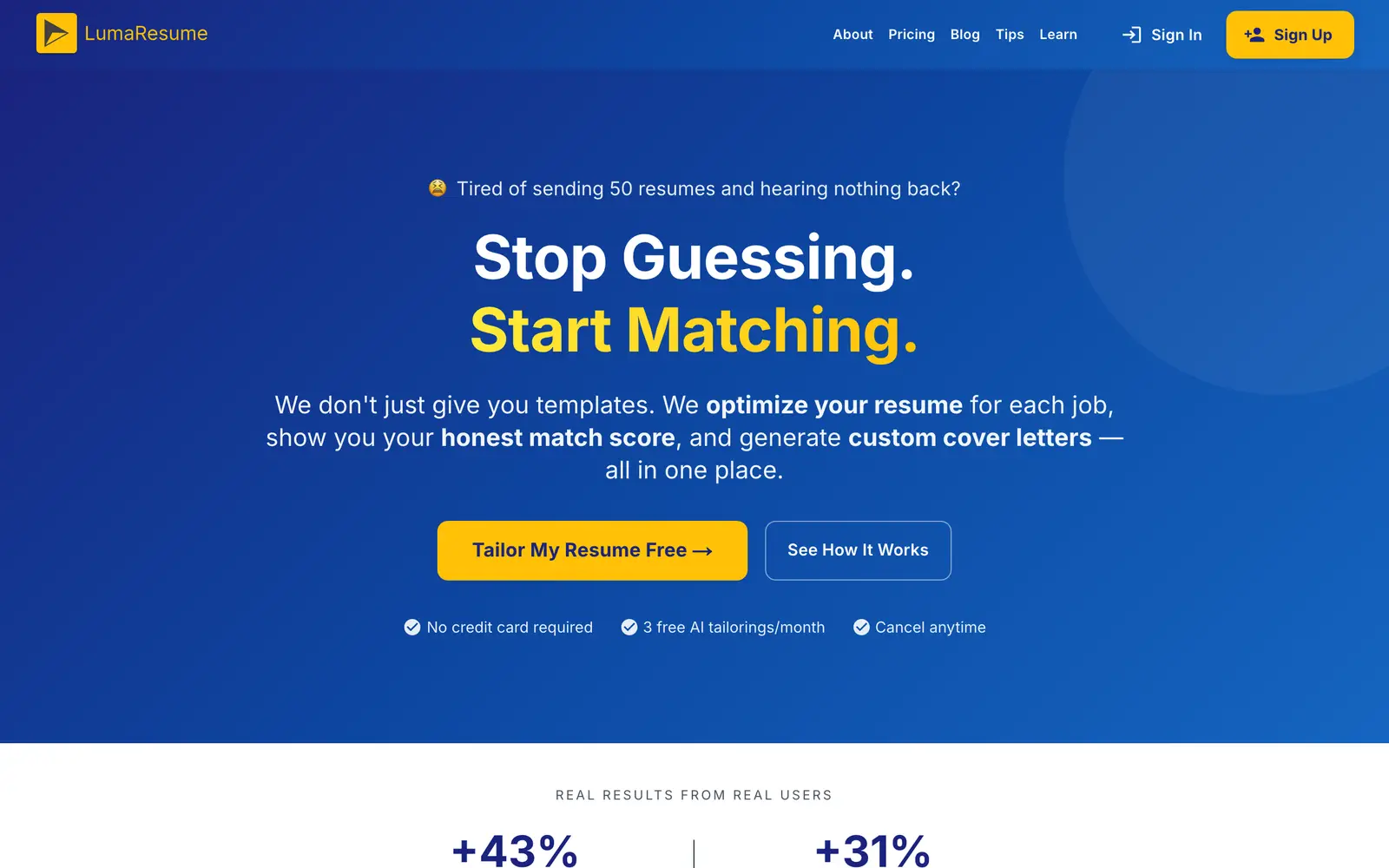 Screenshot of the LumaResume website
