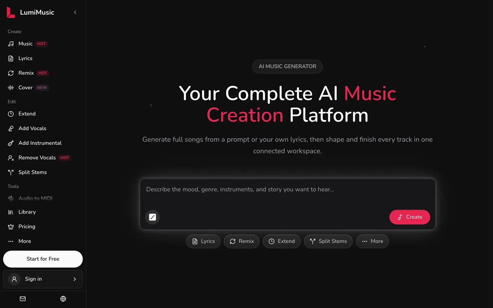Screenshot of the LumiMusic website