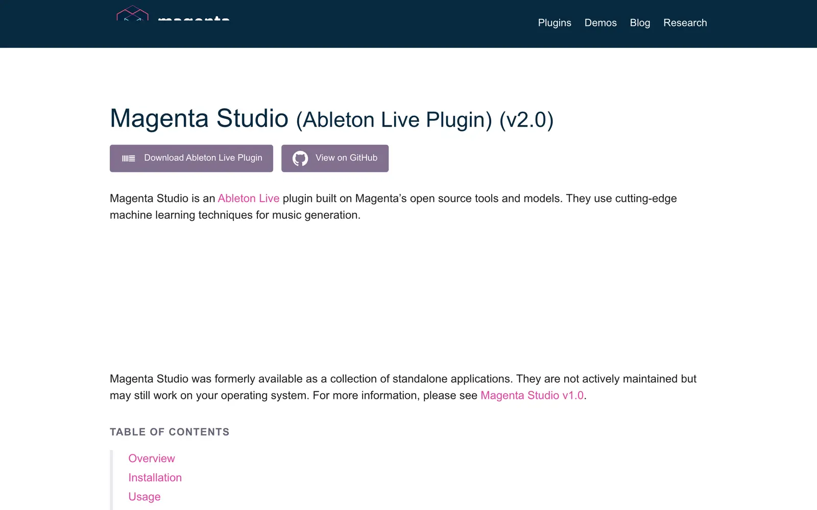 Screenshot of the Magenta Studio website