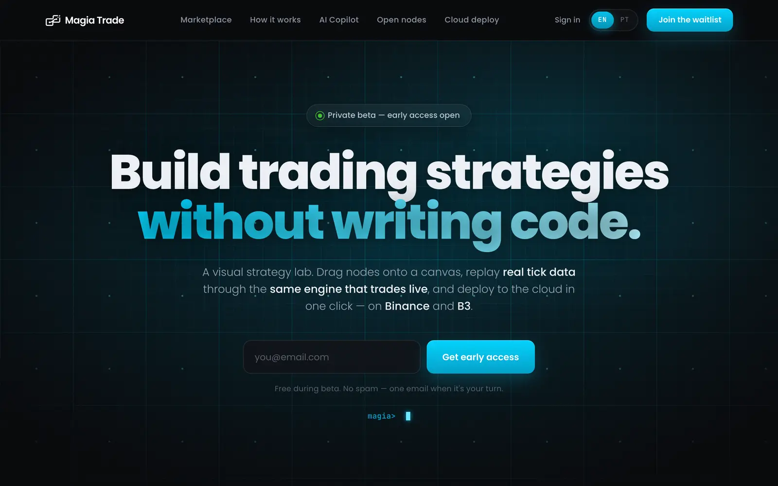 Screenshot of the Magia Trade website