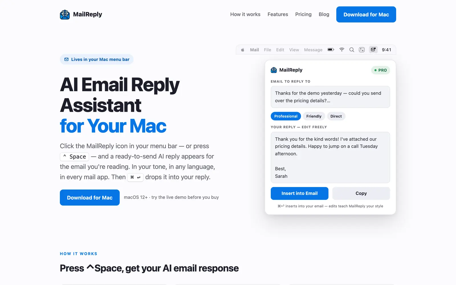 Screenshot of the MailReply website