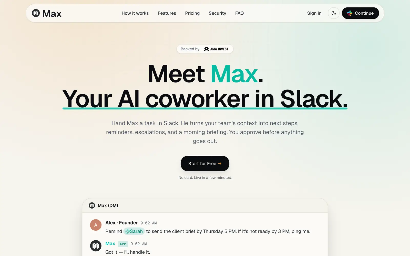 Screenshot of the Max website