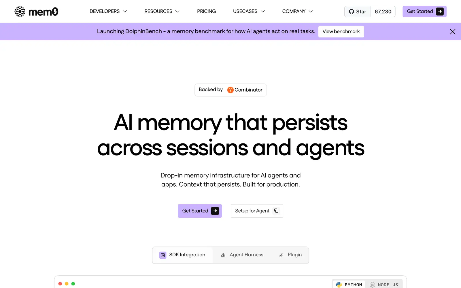 Screenshot of the Mem0 website