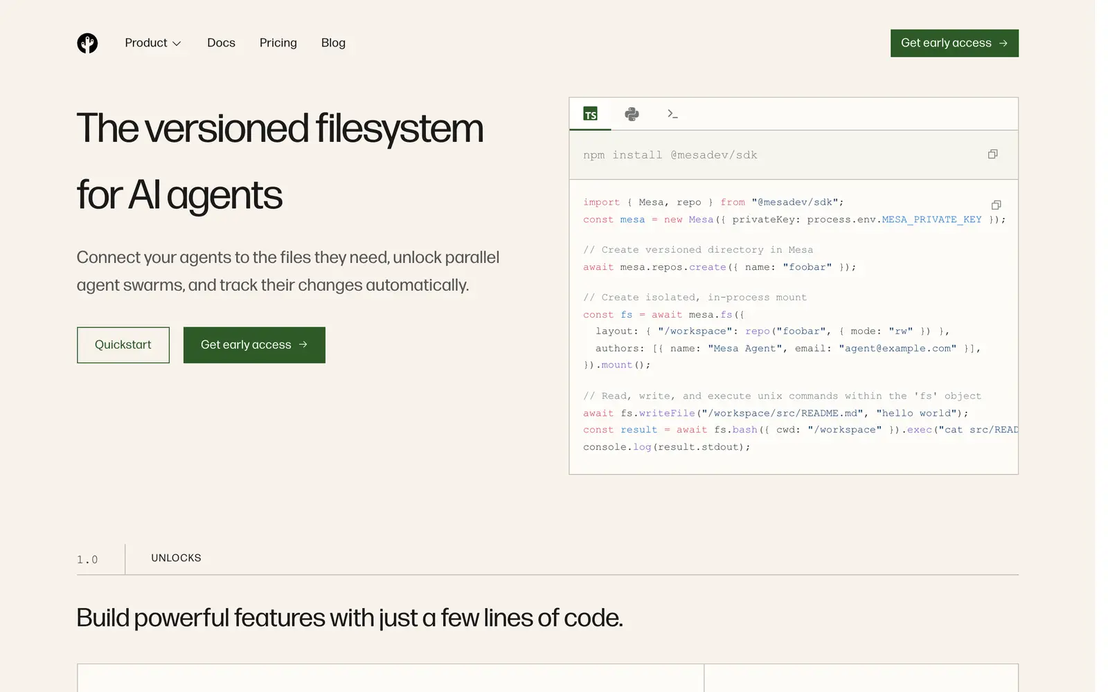 Screenshot of the Mesa.dev website