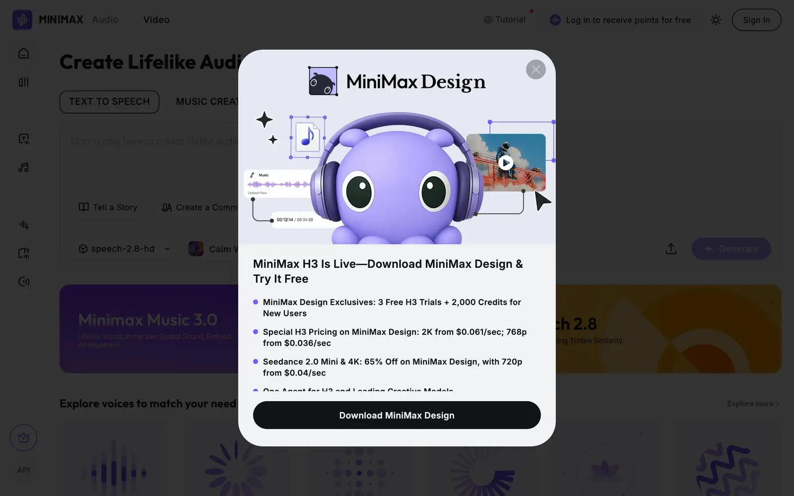Screenshot of the MiniMax Audio website