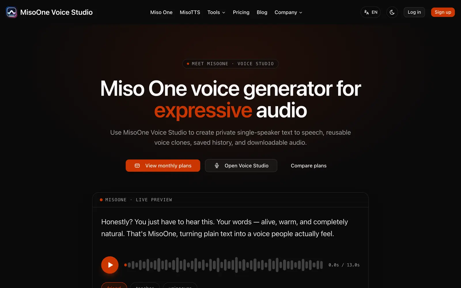 Screenshot of the MisoOne website