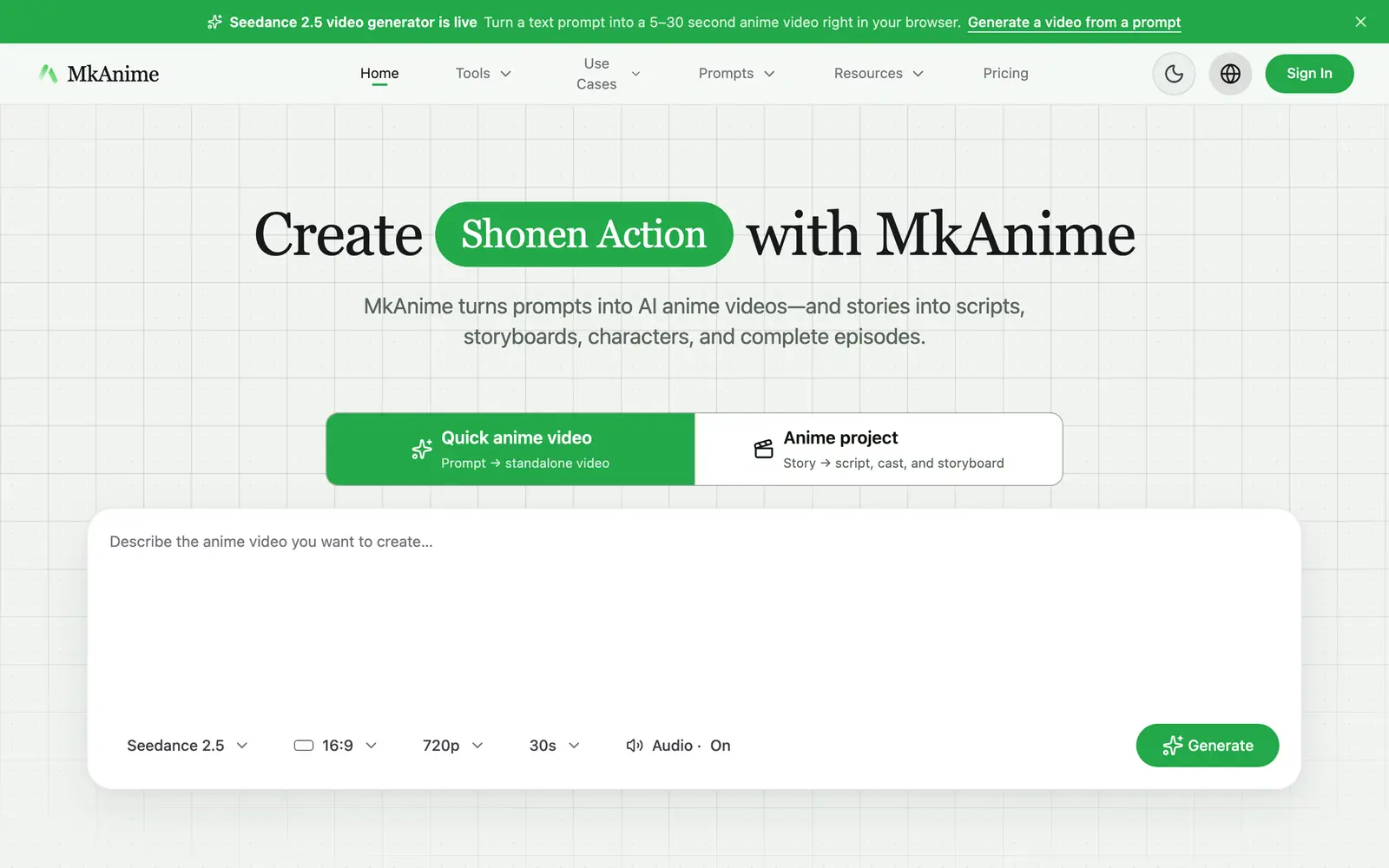 Screenshot of the MkAnime AI website