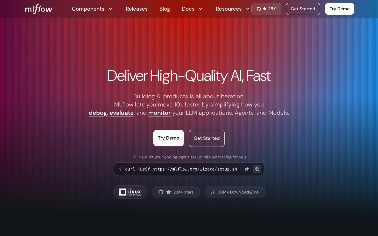 Screenshot of the MLflow website