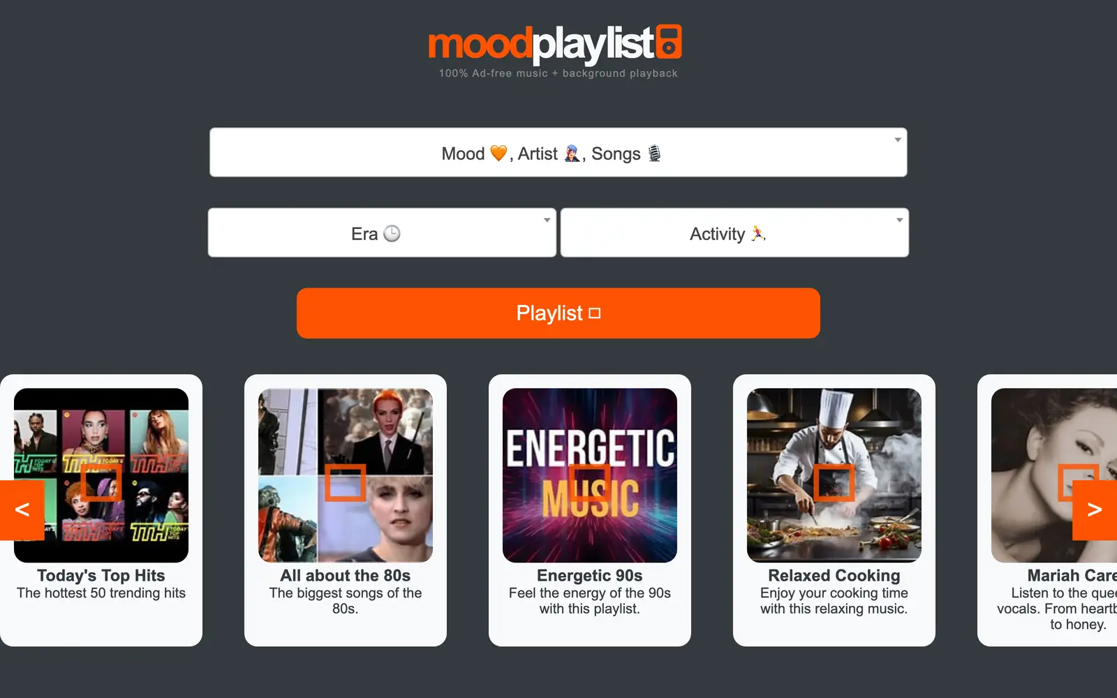 Screenshot of the Moodplaylist website