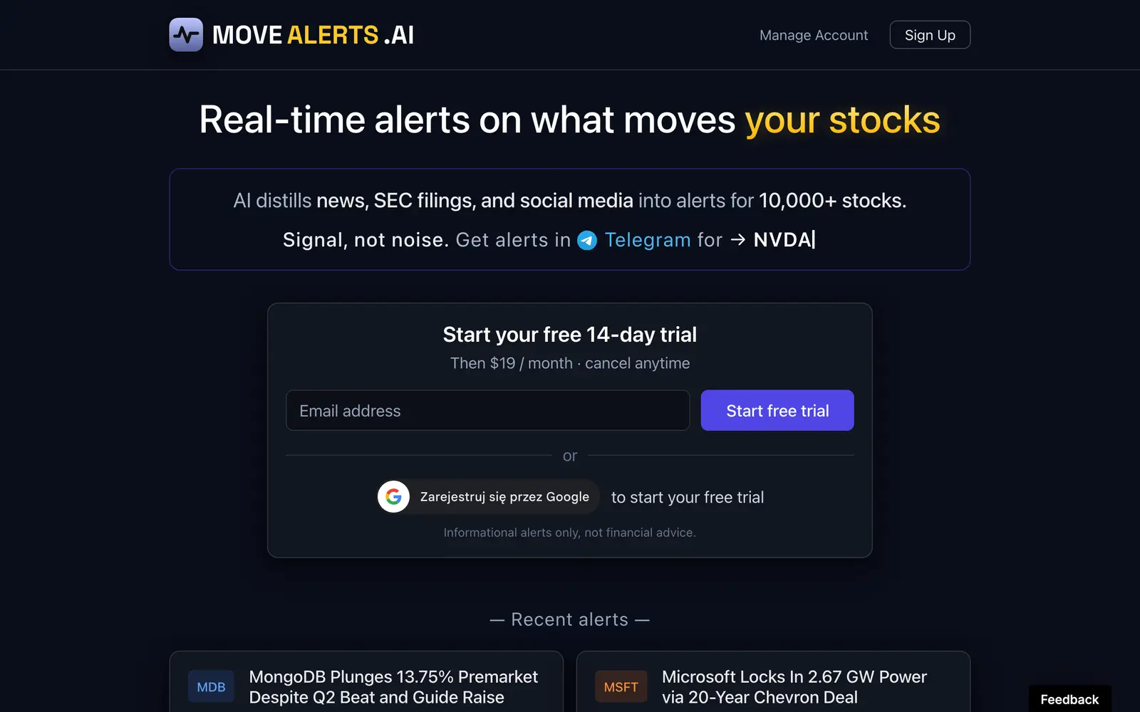 Screenshot of the MoveAlerts.ai website