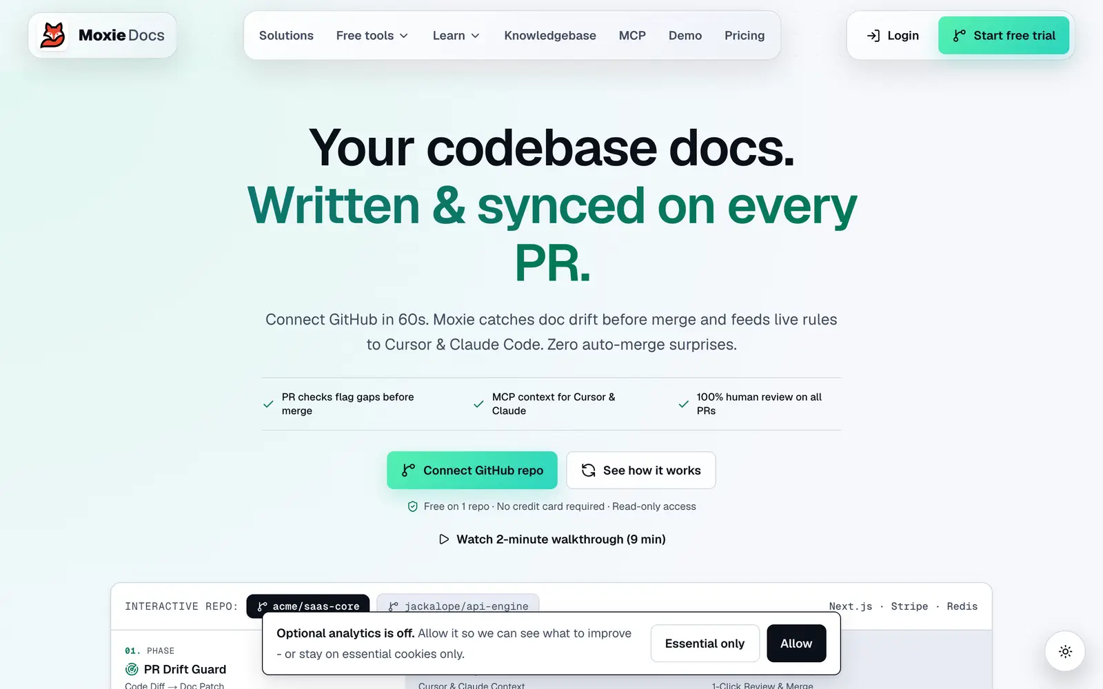 Screenshot of the Moxie Docs website