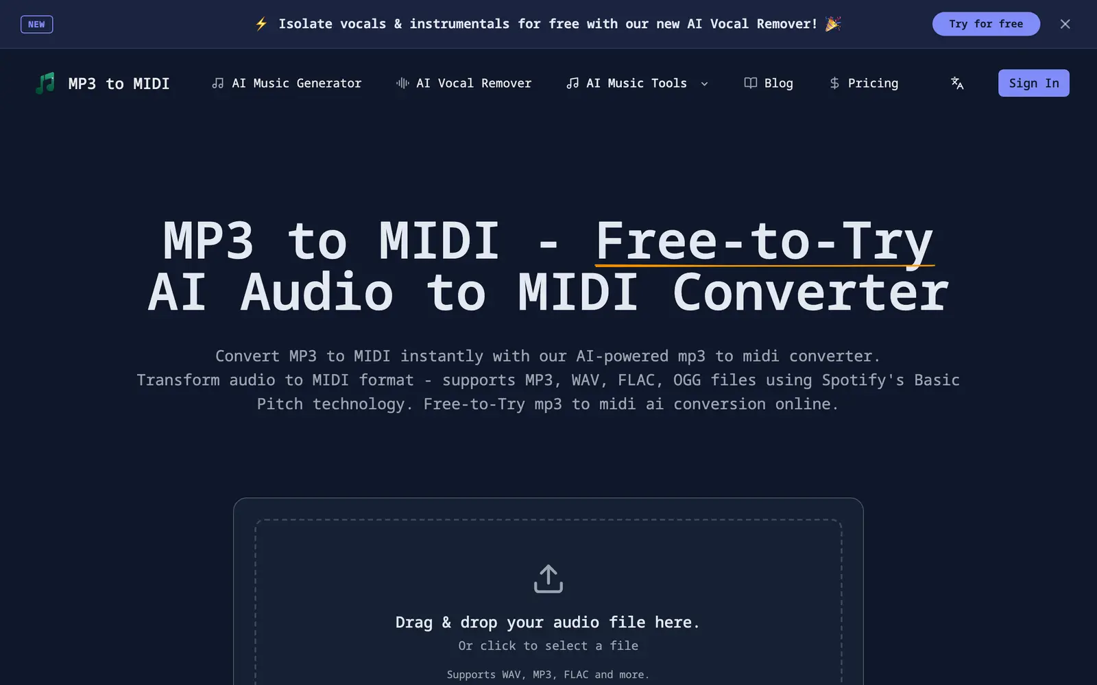 Screenshot of the MP3 to MIDI website