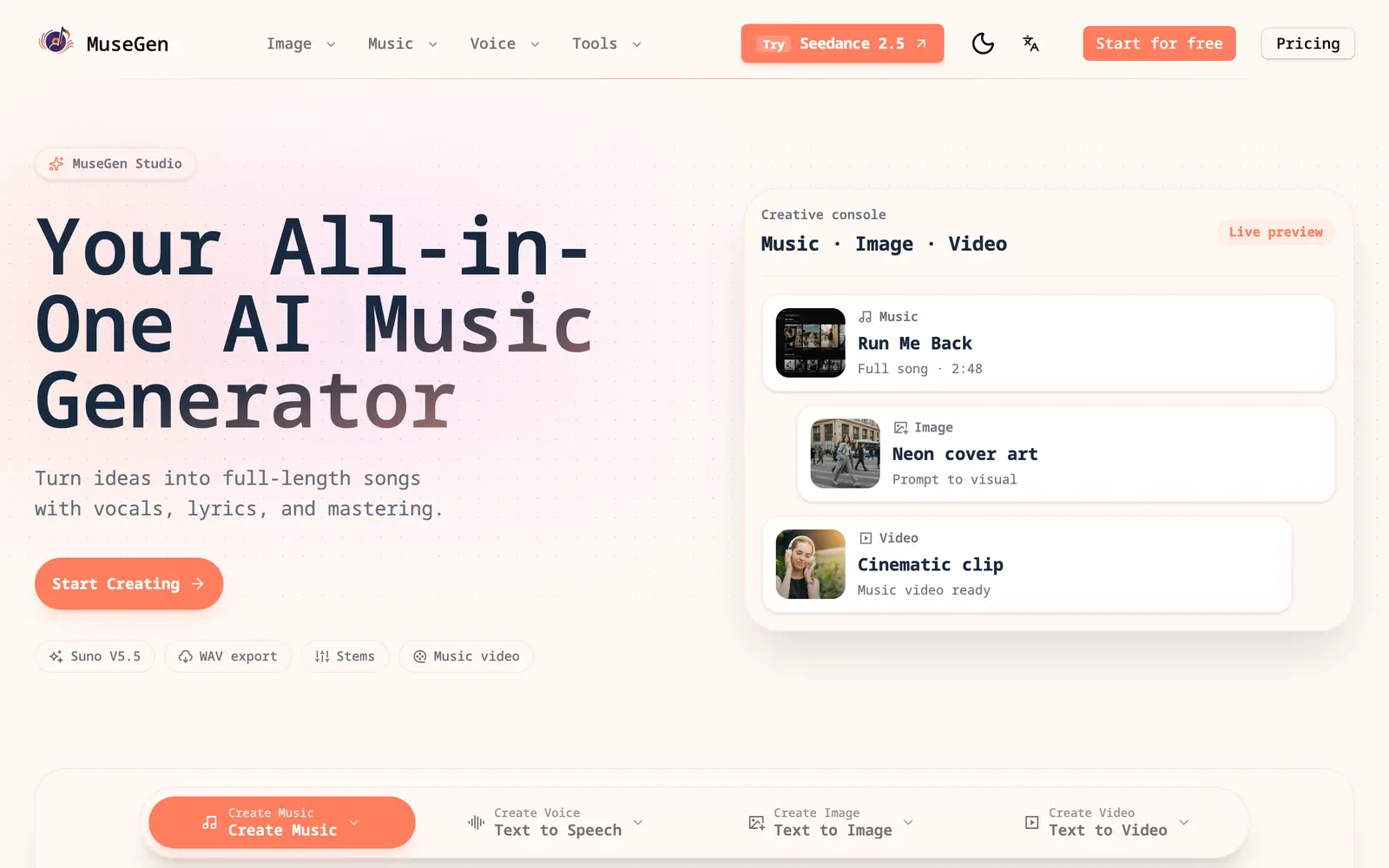 Screenshot of the MuseGen website