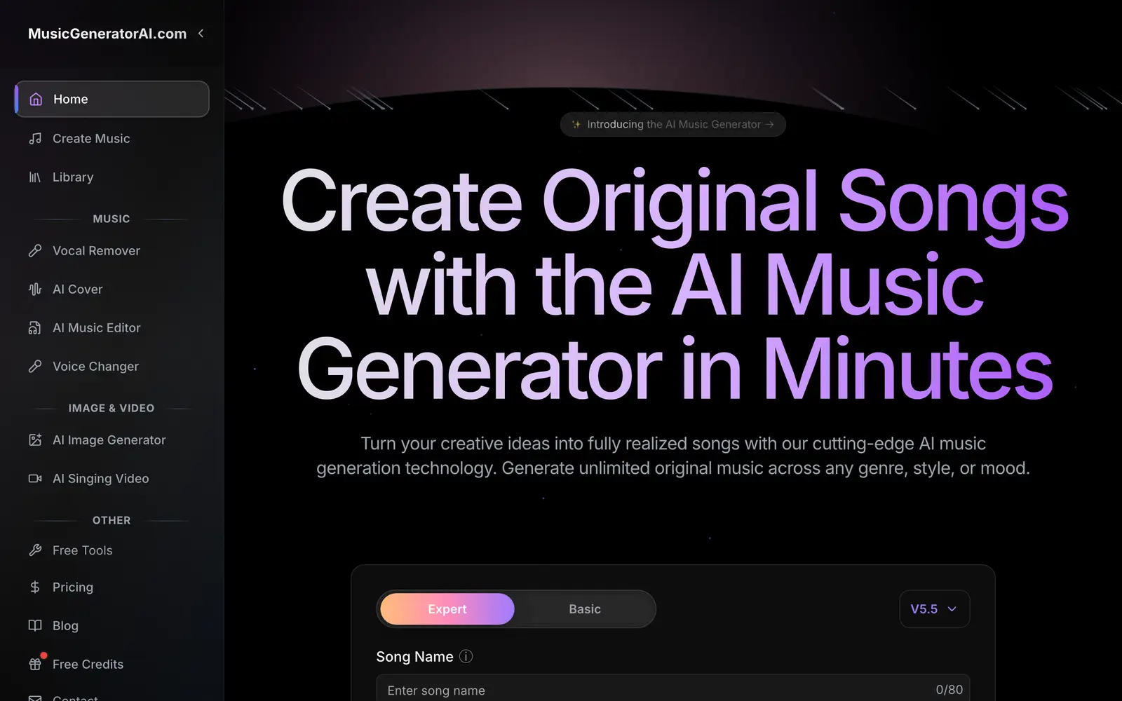Screenshot of the AI Music Generator website