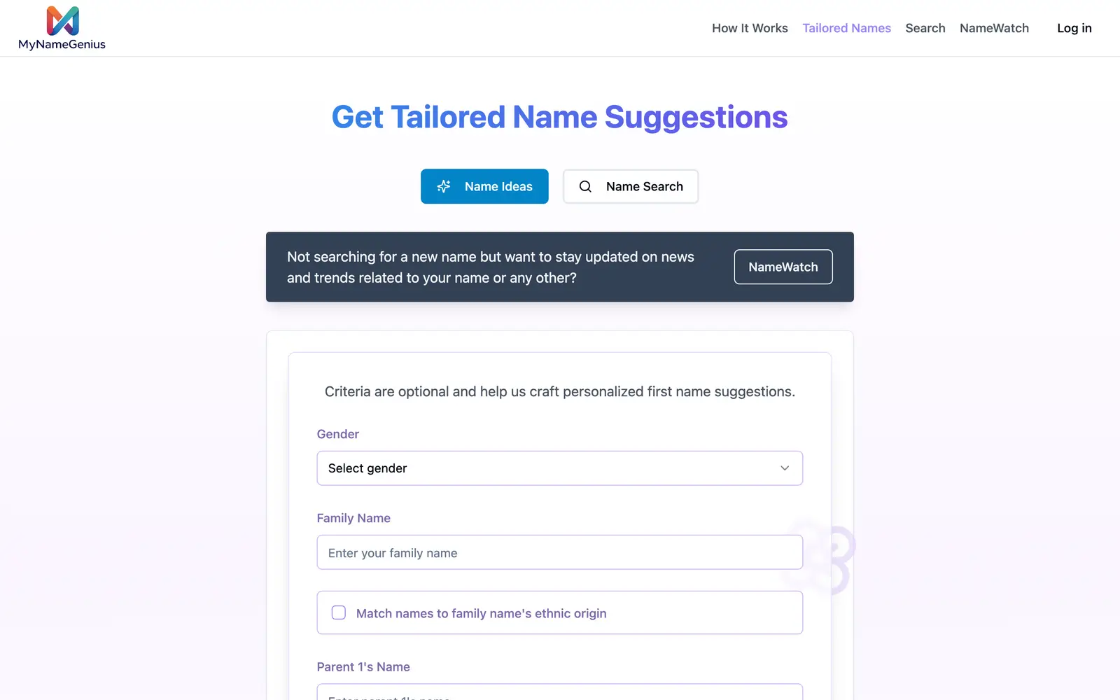 Screenshot of the myNameGenius website