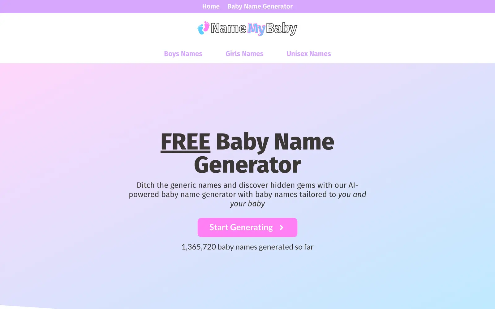 Screenshot of the Name My Baby website
