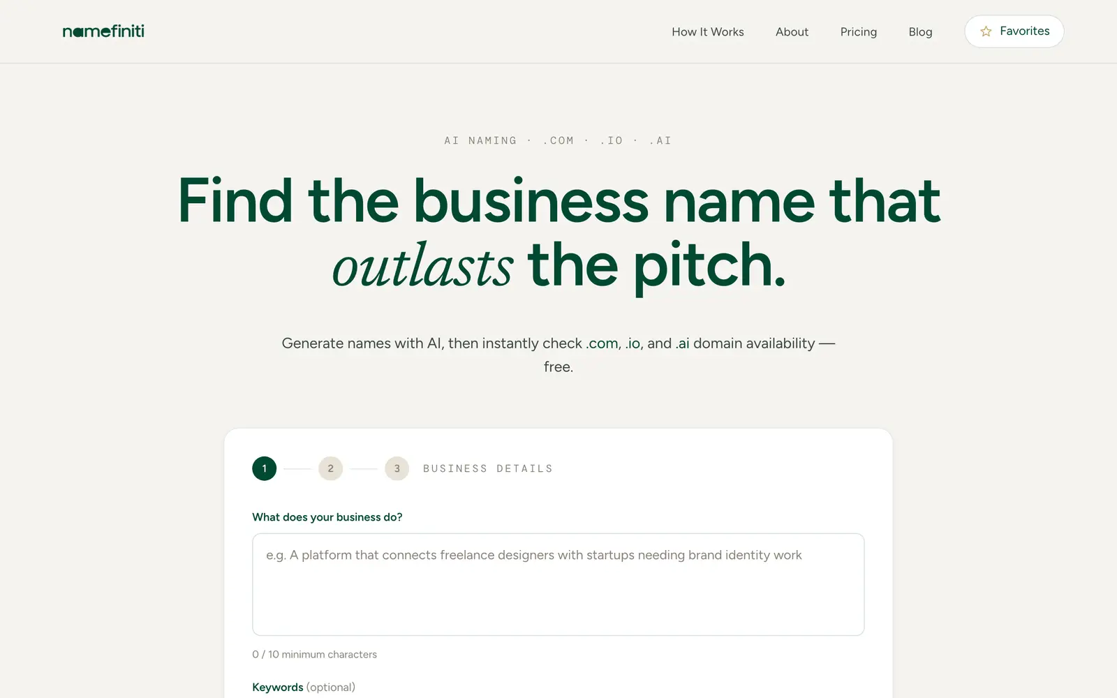 Screenshot of the Namefiniti website