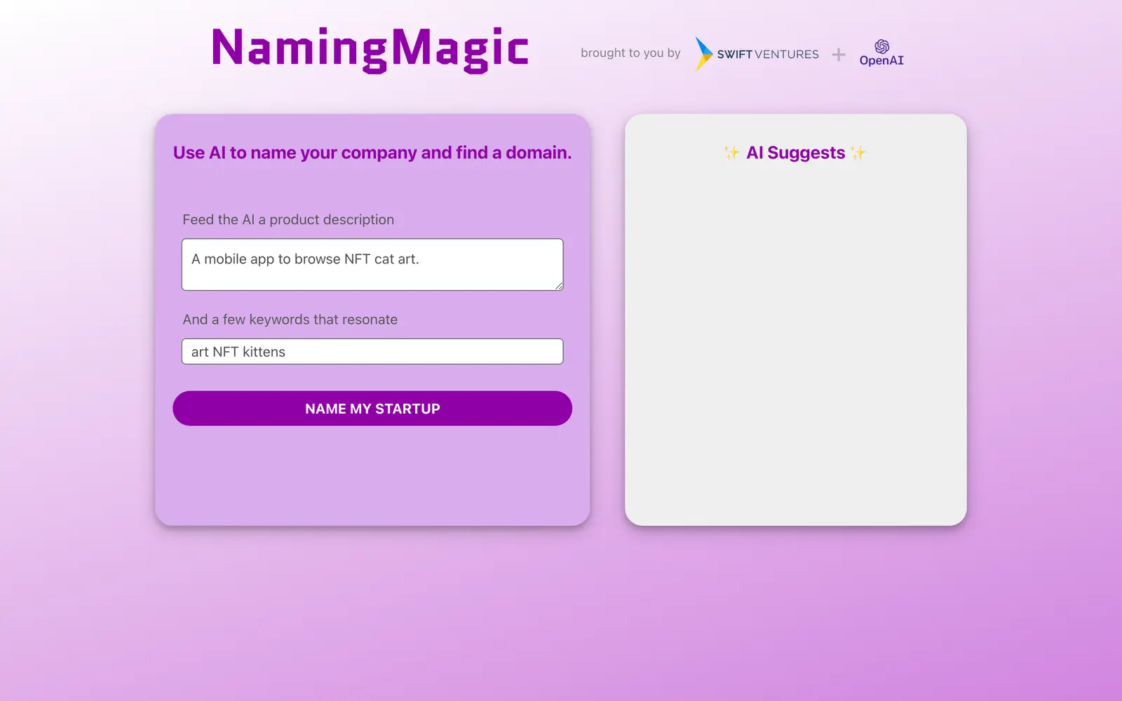 Screenshot of the Naming Magic website