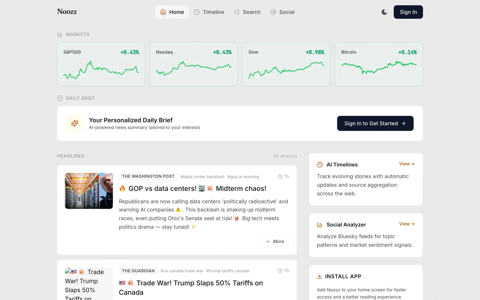 Screenshot of the Noozz website