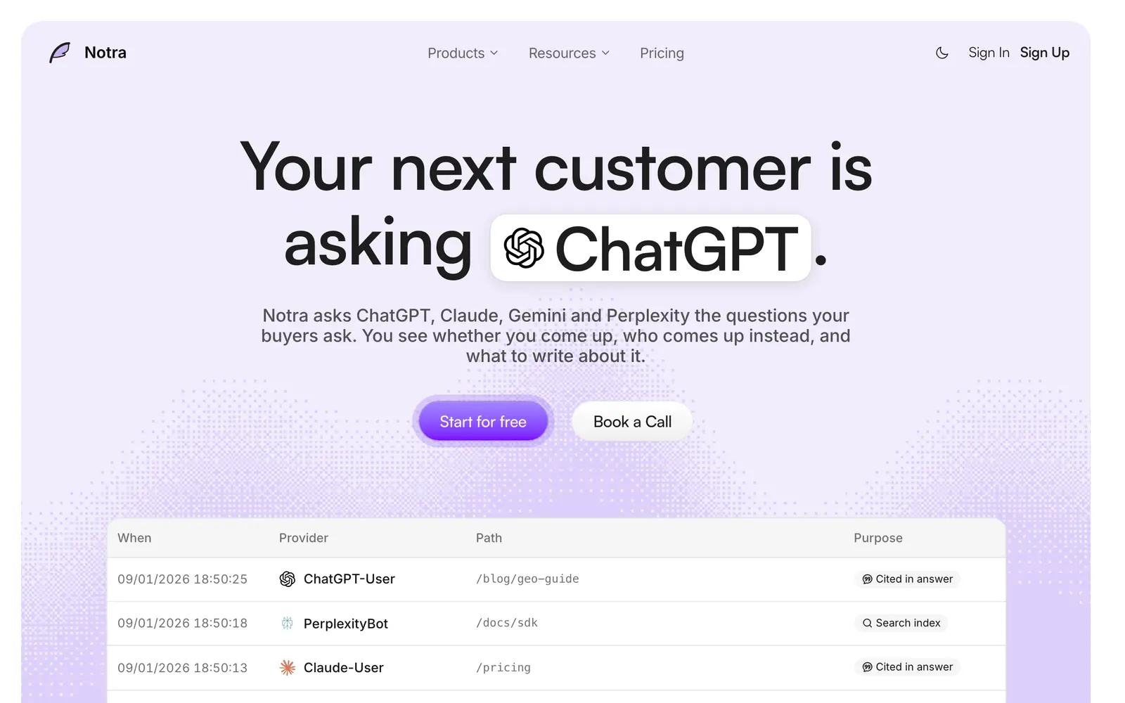 Screenshot of the Notra website