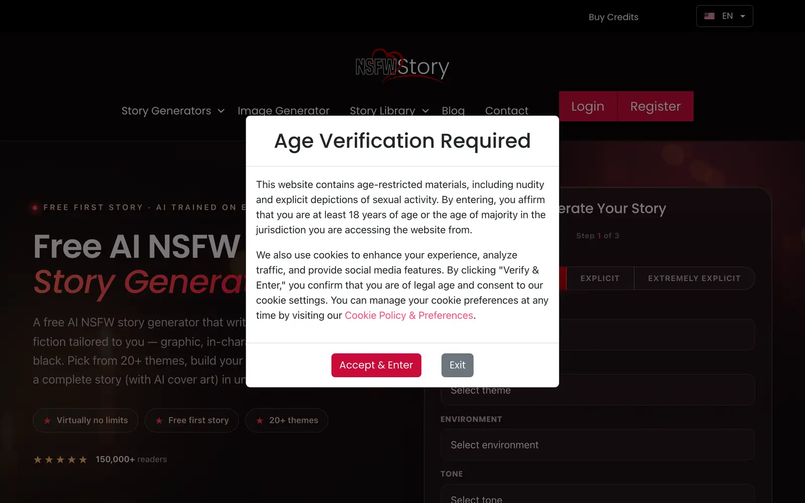 Screenshot of the NSFWStory website