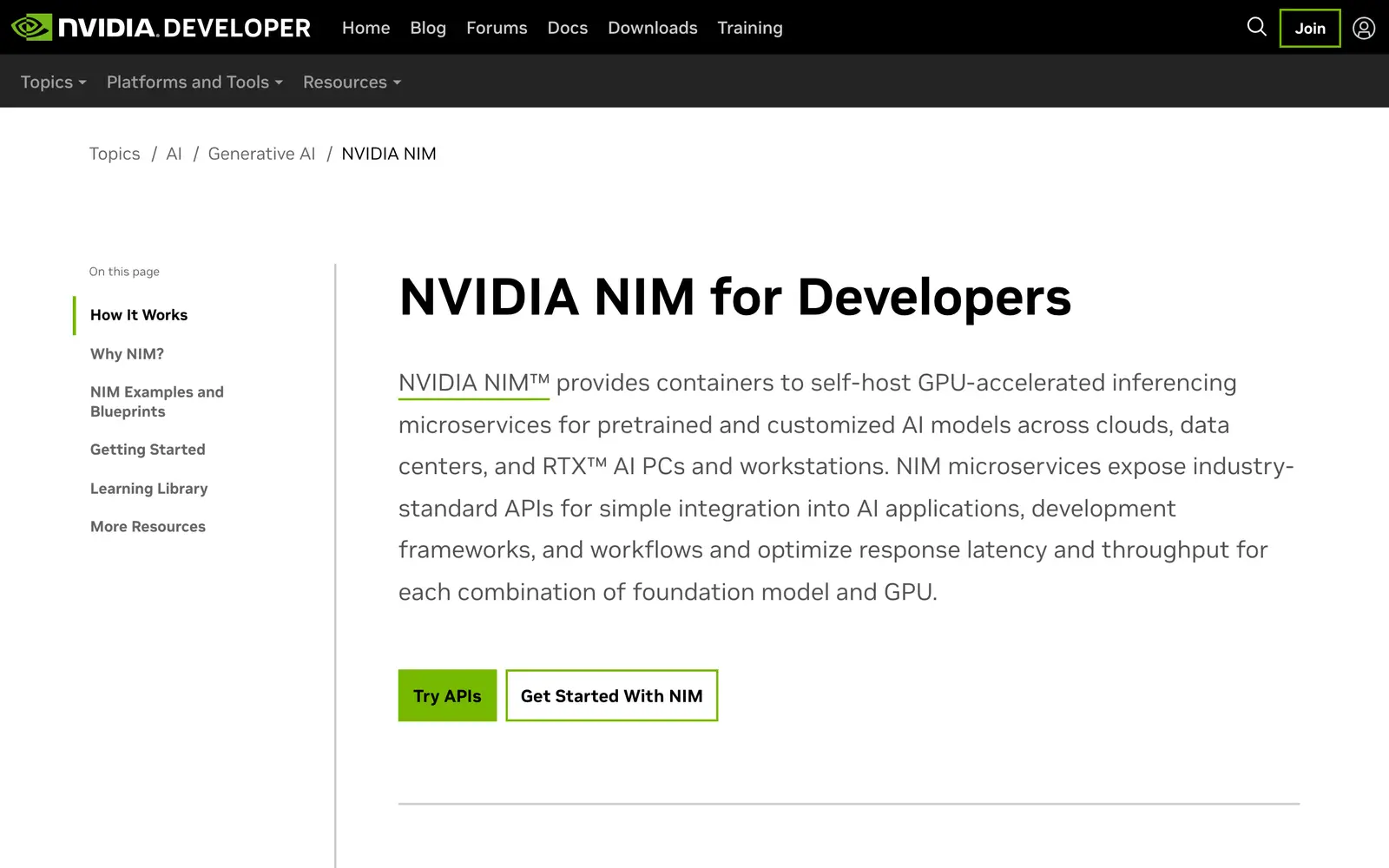 Screenshot of the NVIDIA NIM website