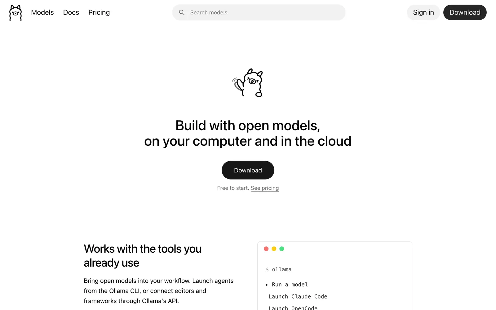 Screenshot of the Ollama website