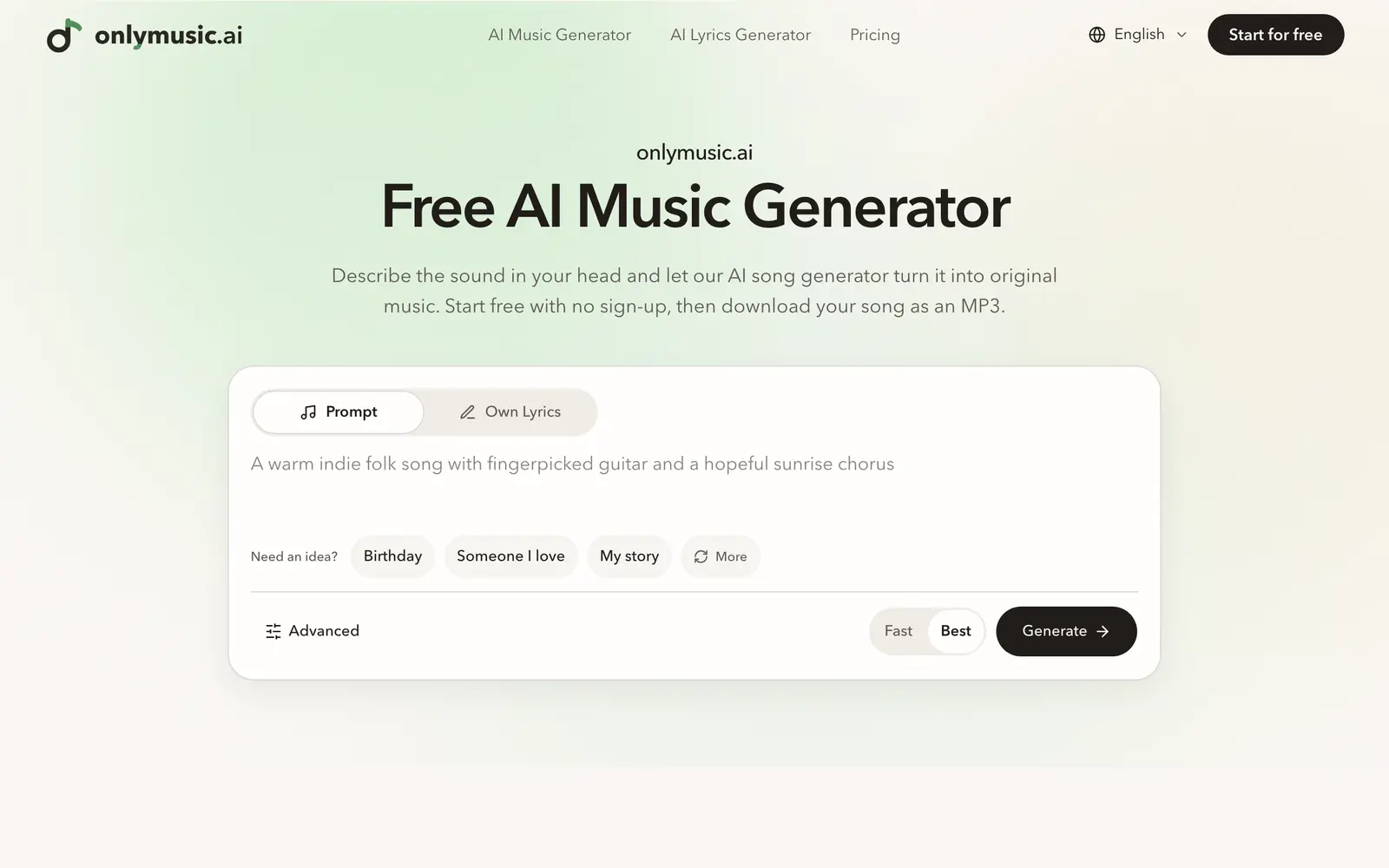 Screenshot of the onlymusic.ai website