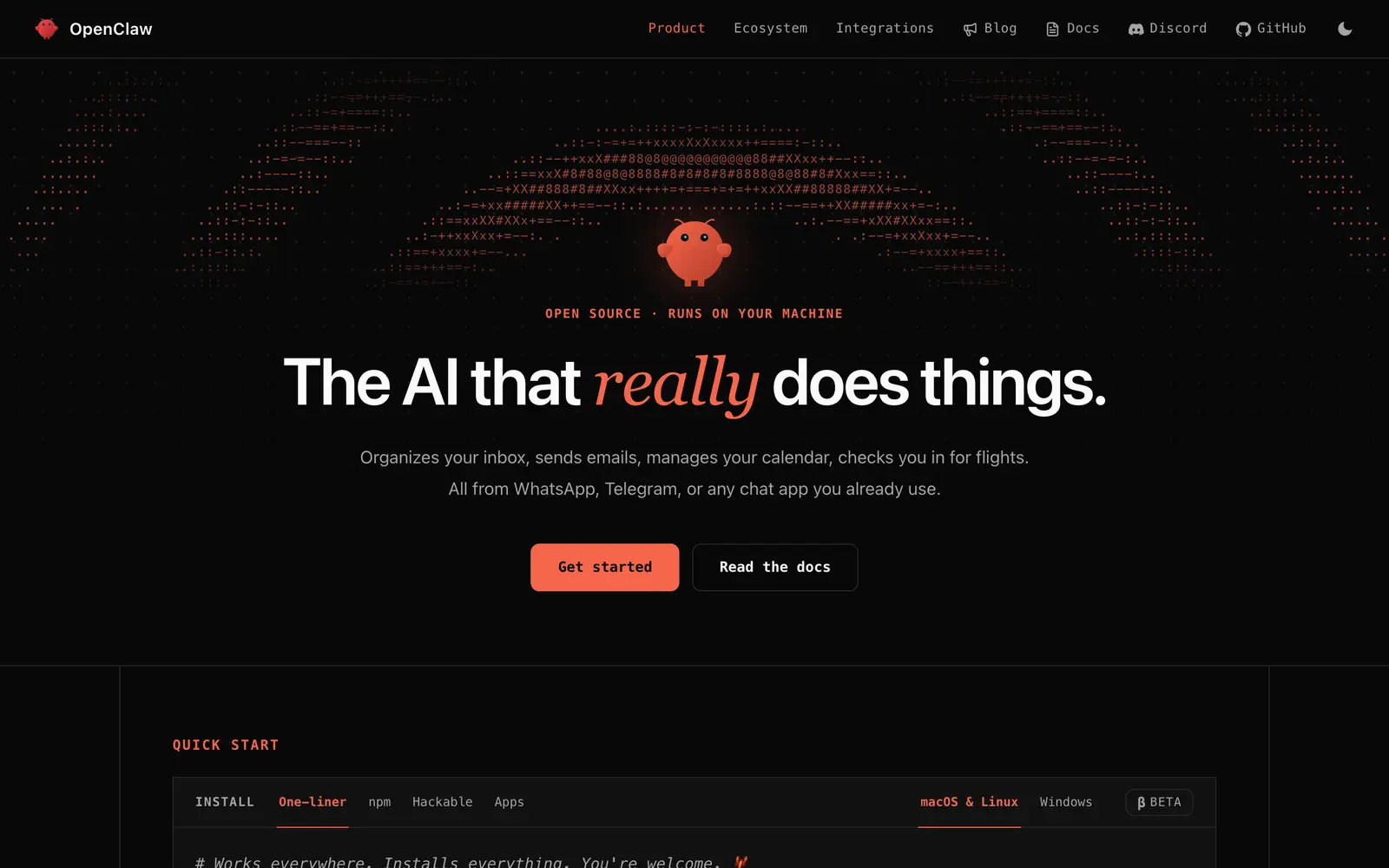 Screenshot of the OpenClaw website