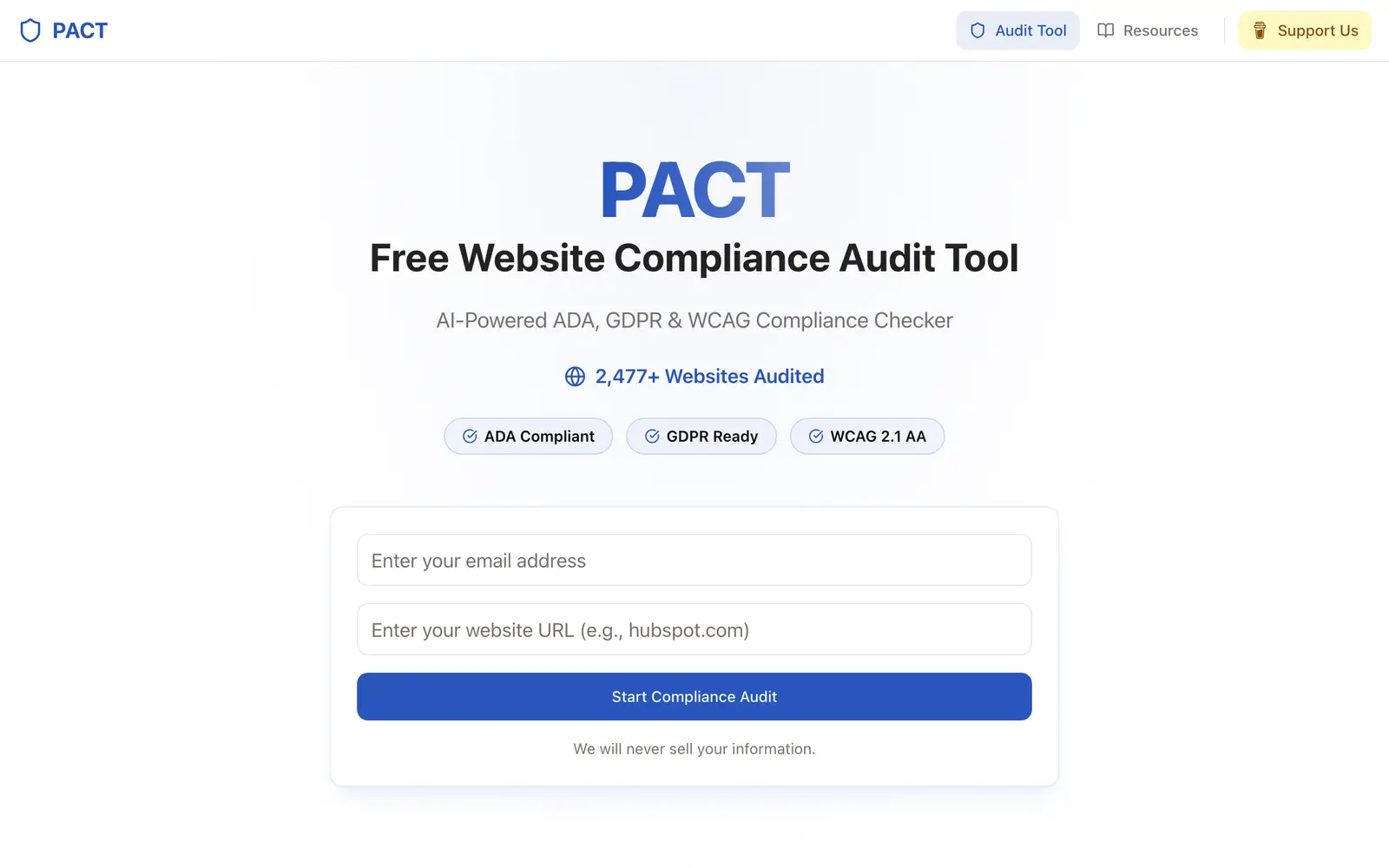 Screenshot of the PACT website