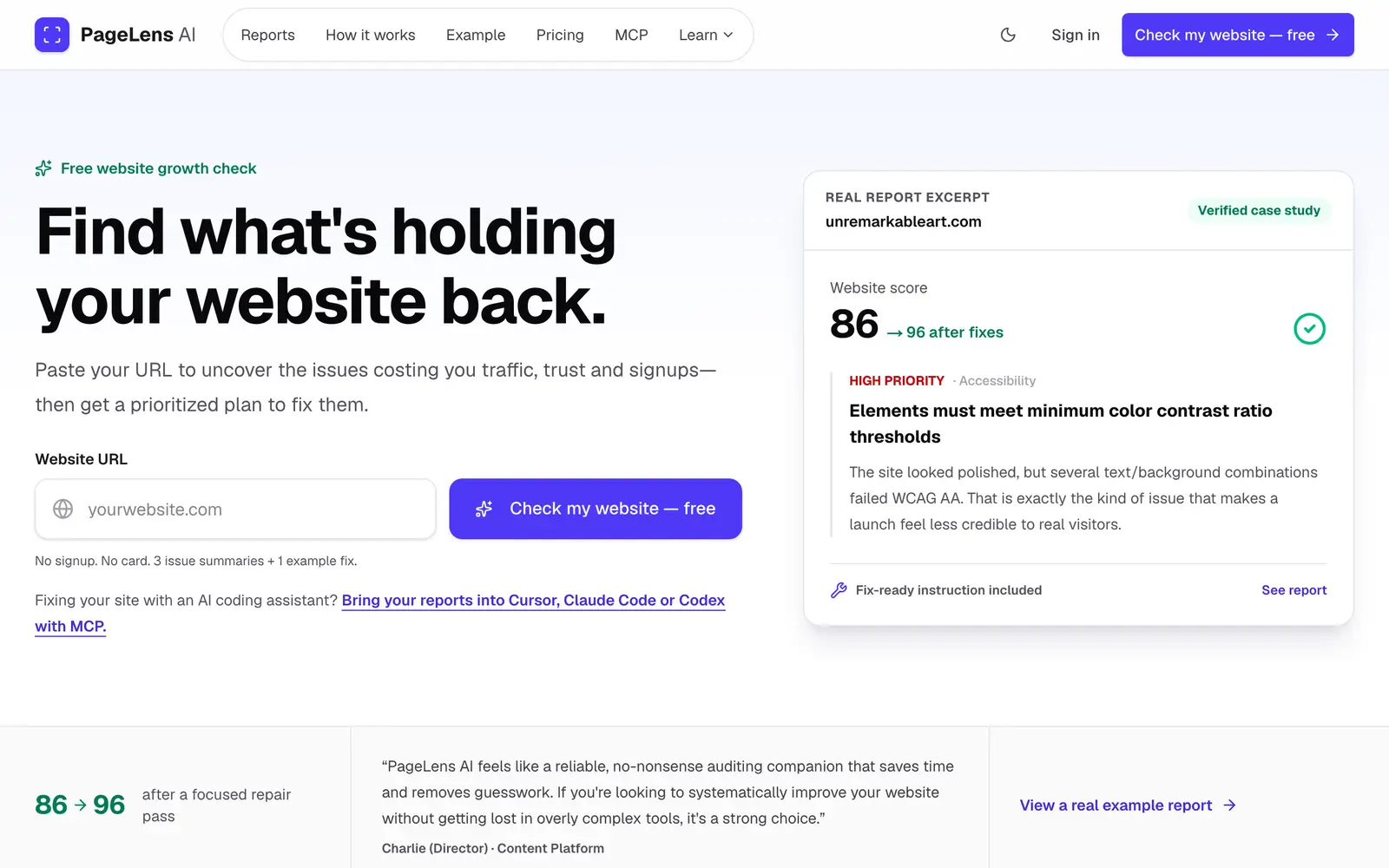 Screenshot of the PageLens AI website