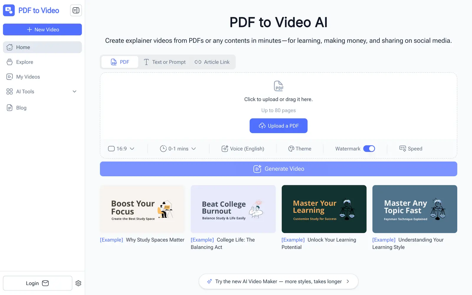 Screenshot of the PDF to Video AI website
