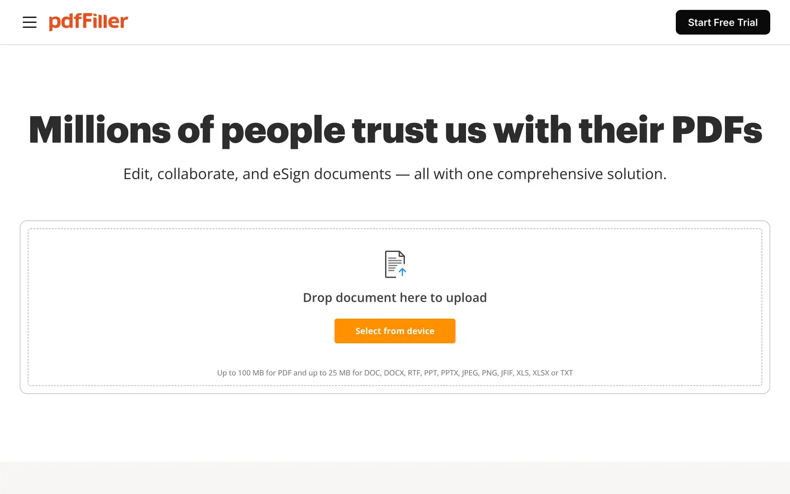 Screenshot of the pdfFiller website