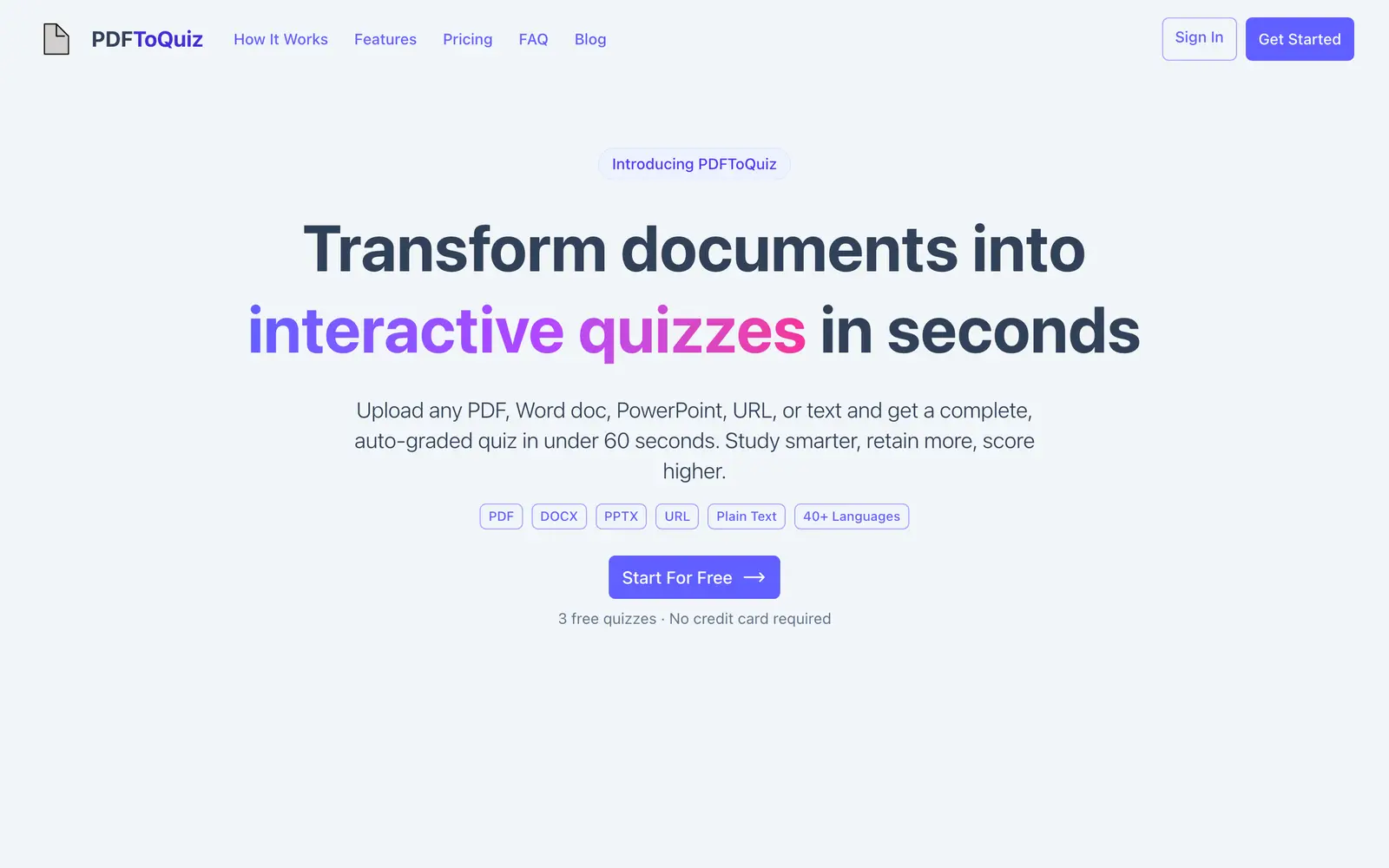Screenshot of the PDFToQuiz website