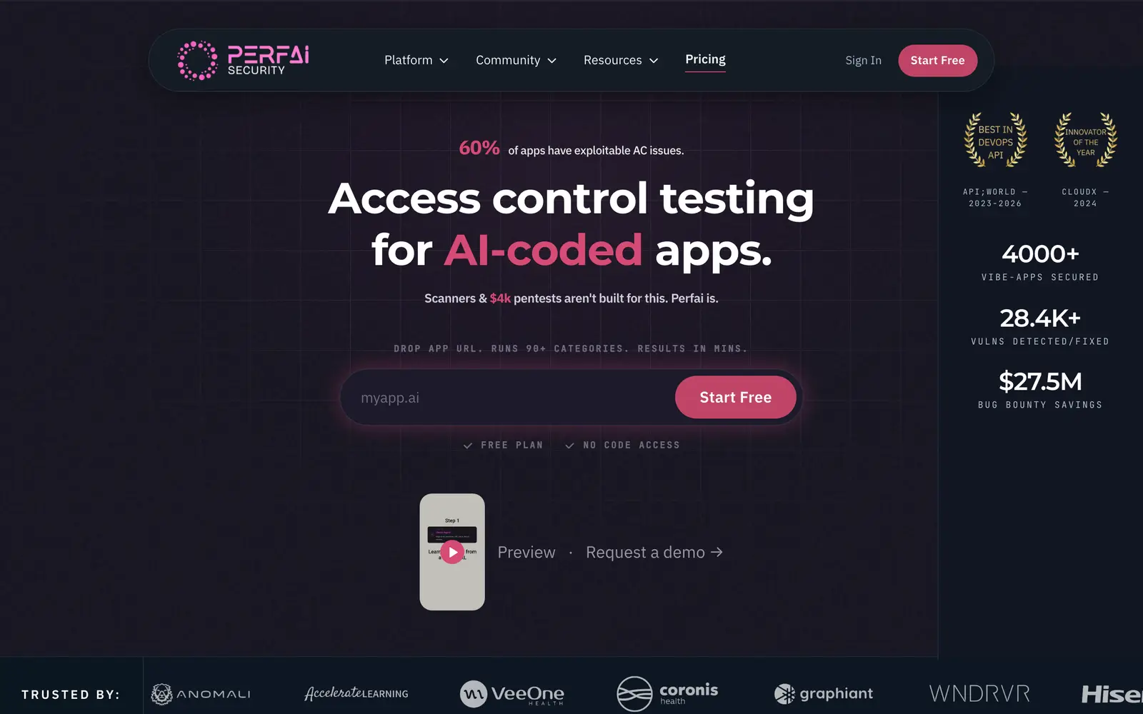 Screenshot of the Perfai Security website