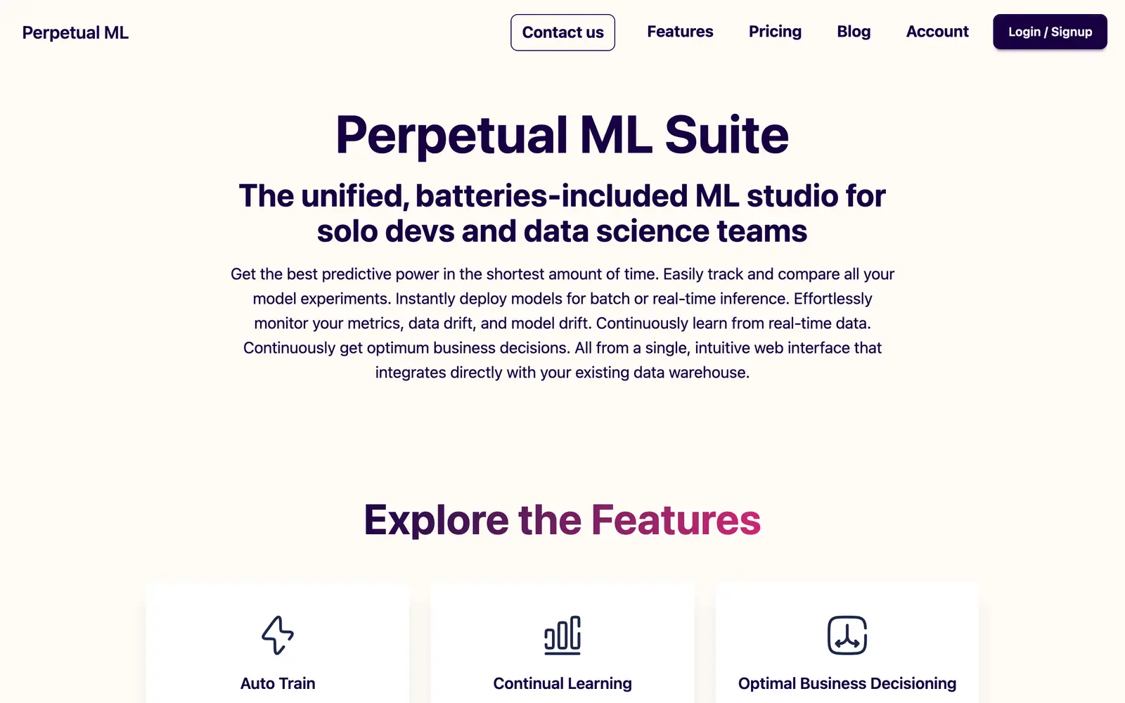 Screenshot of the Perpetual ML website