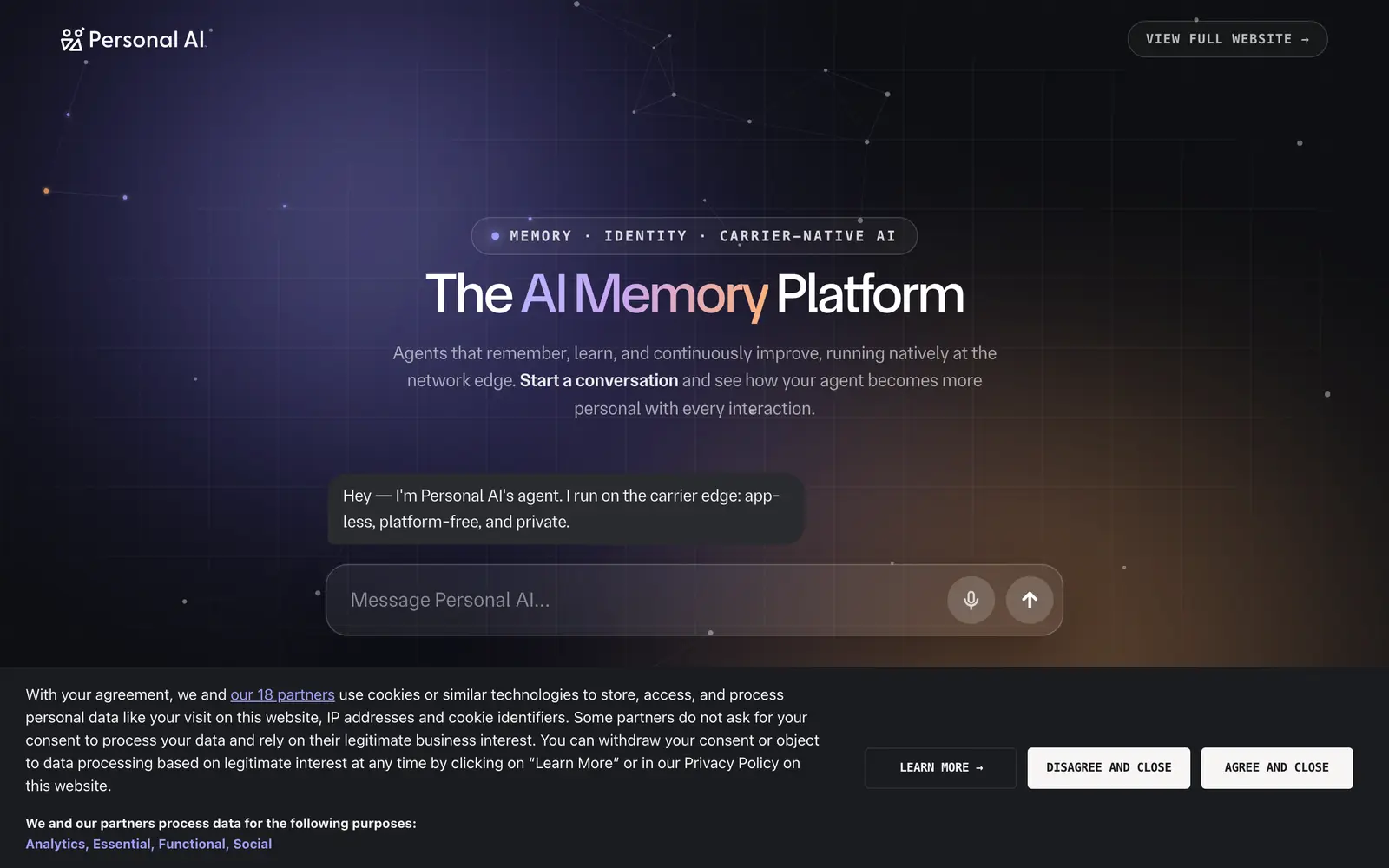 Screenshot of the Personal AI website