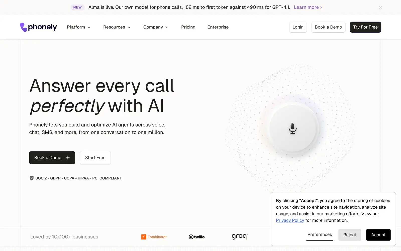 Screenshot of the Phonely AI website