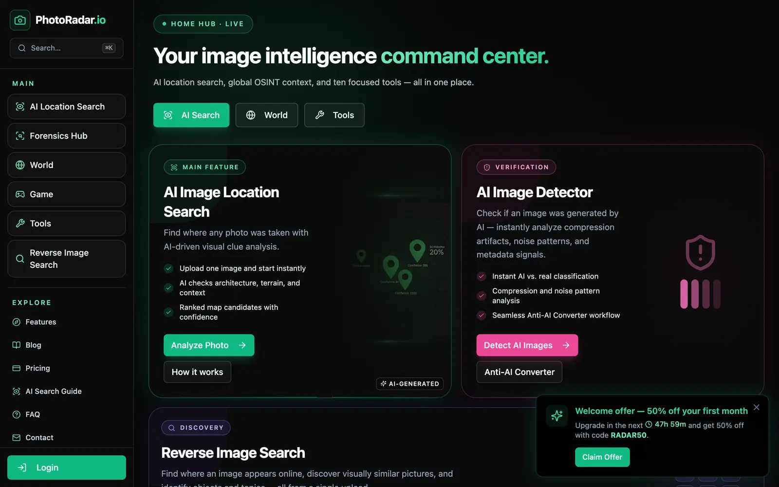 Screenshot of the PhotoRadar.io website