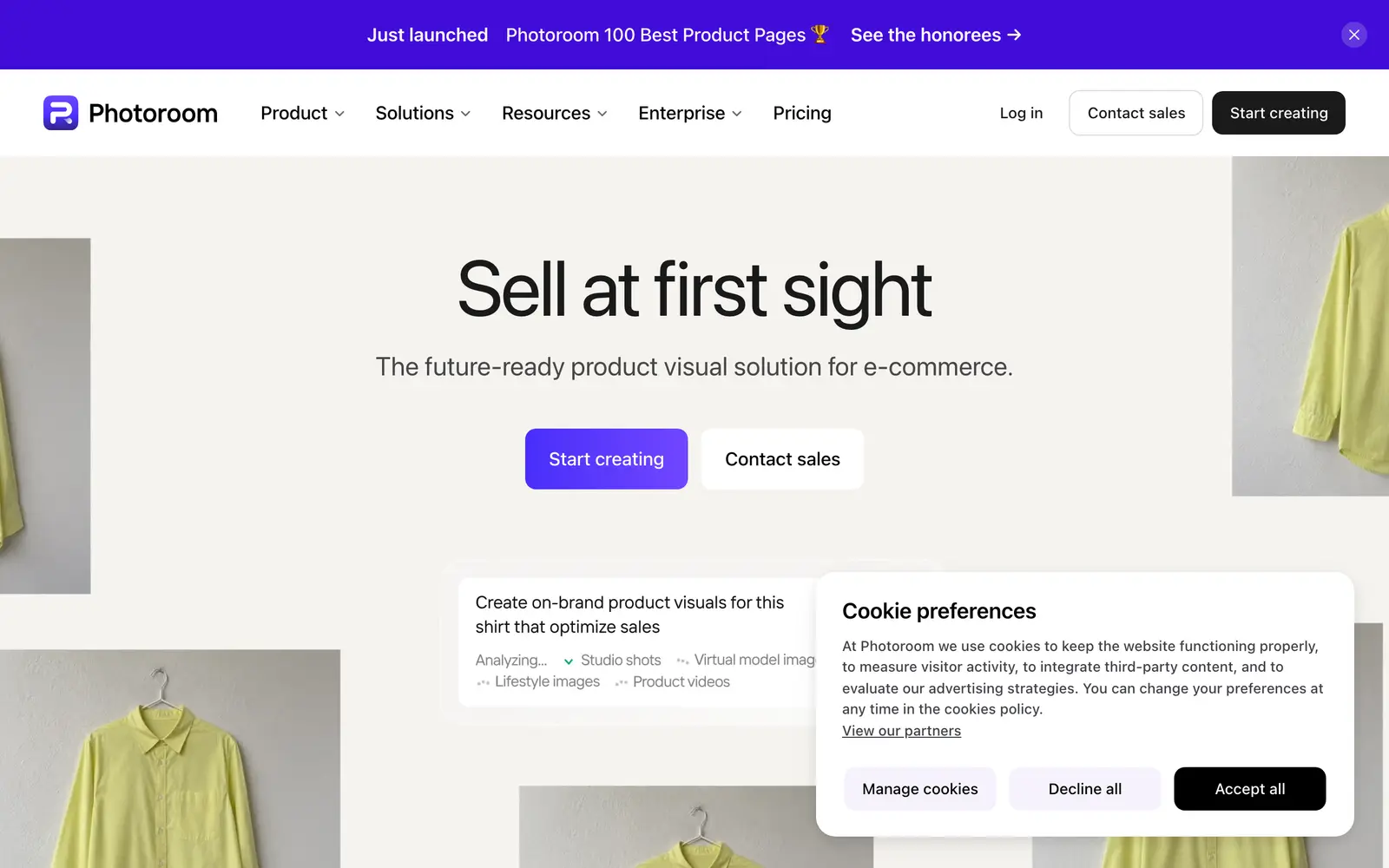 The Photoroom website's first screen