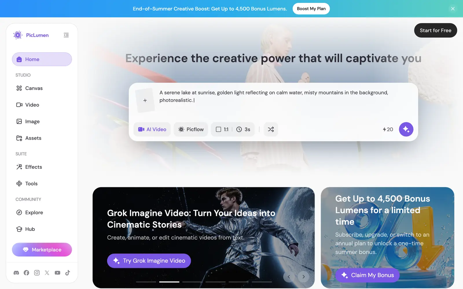 Screenshot of the PicLumen website