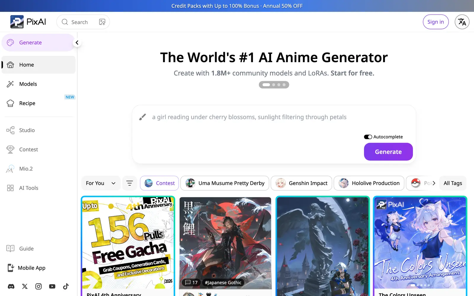 Screenshot of the PixAI website