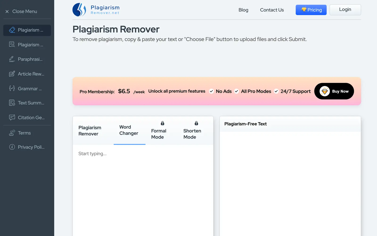 Screenshot of the Plagiarism Remover website