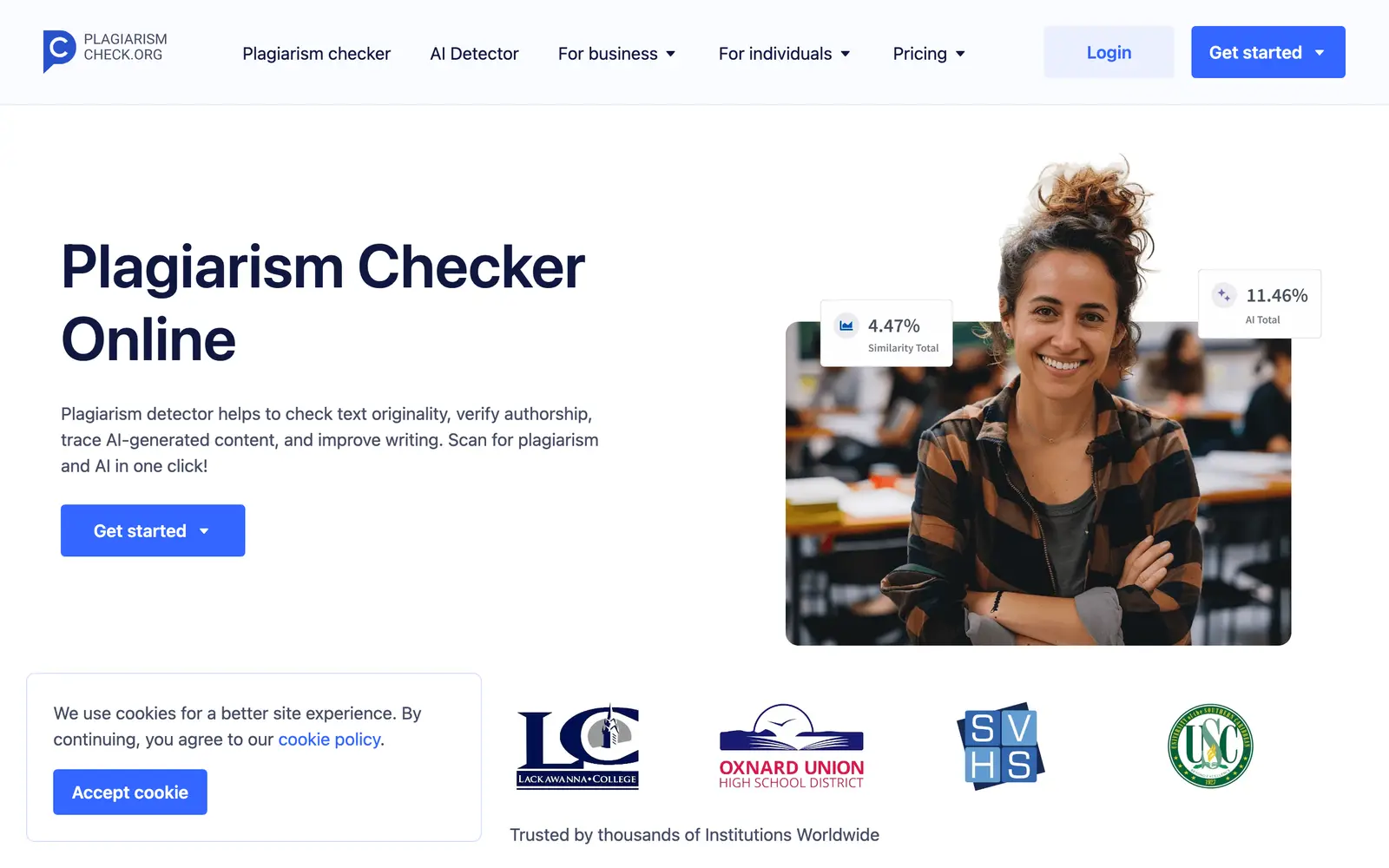 Screenshot of the PlagiarismCheck.org website