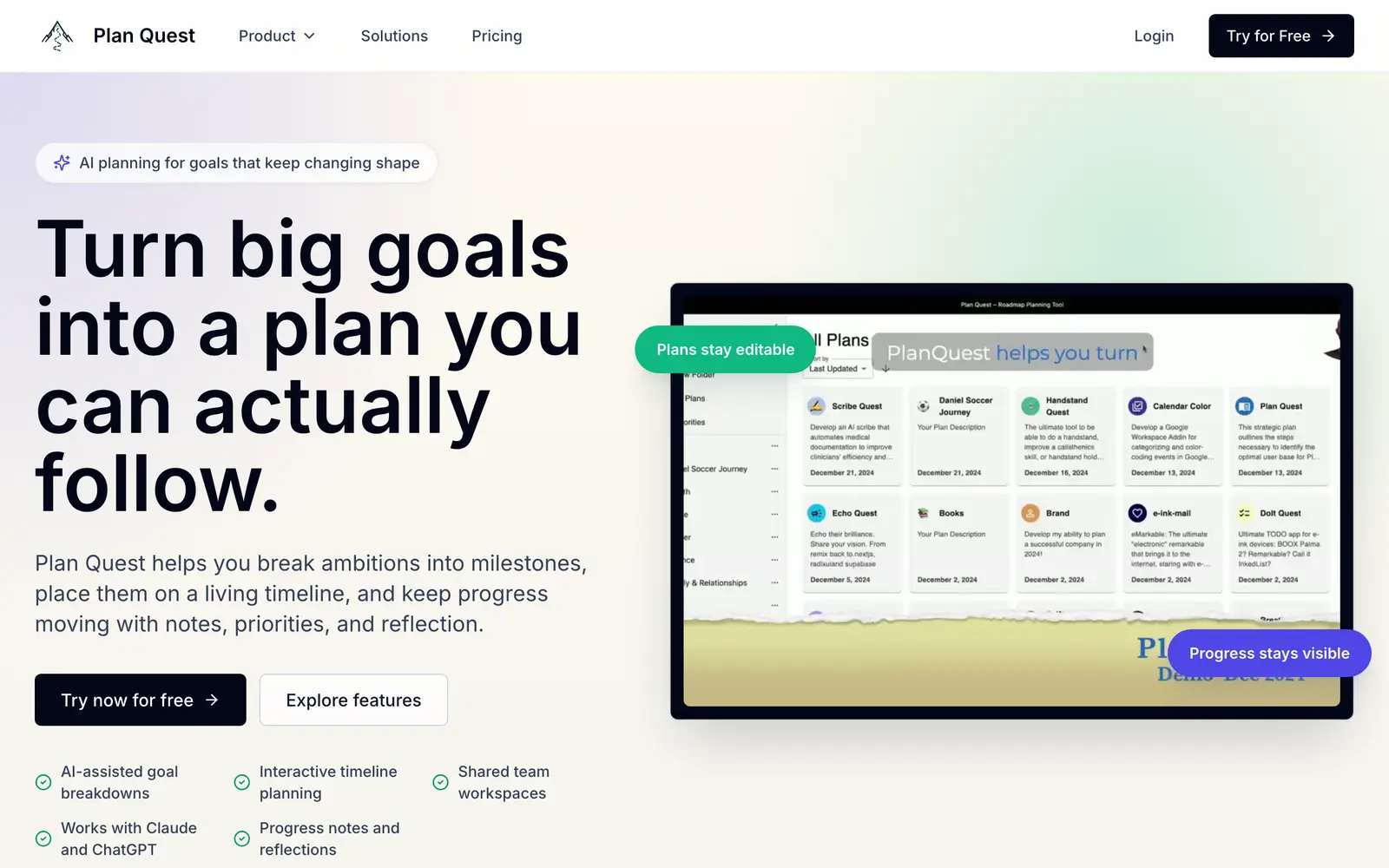 Screenshot of the Plan Quest website