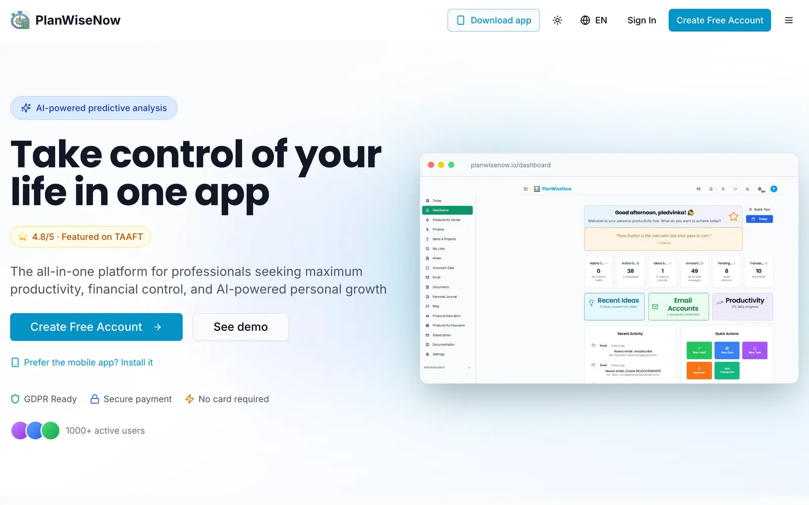 Screenshot of the PlanWiseNow website