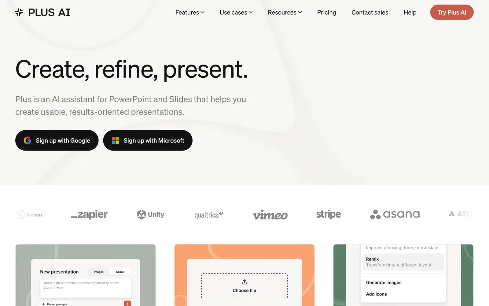 Screenshot of the Plus AI website
