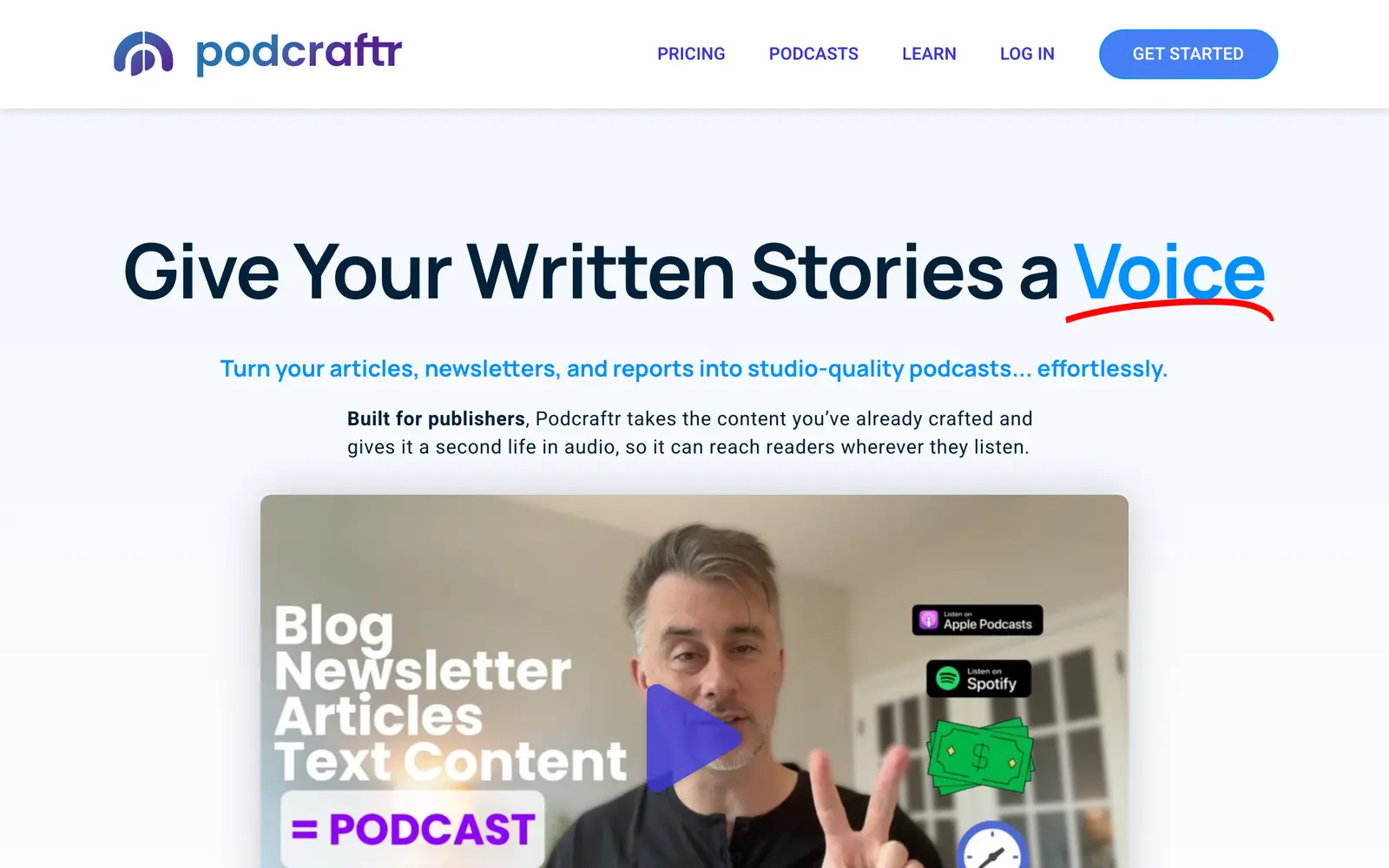 Screenshot of the Podcraftr website