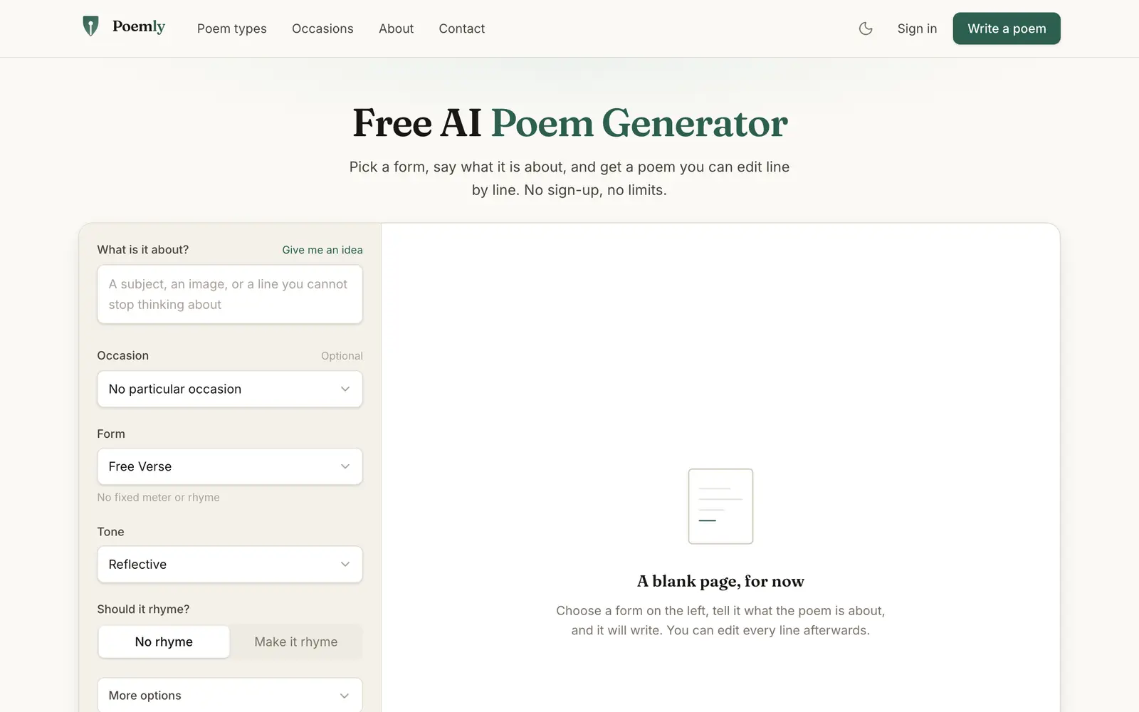 Screenshot of the Poemly website