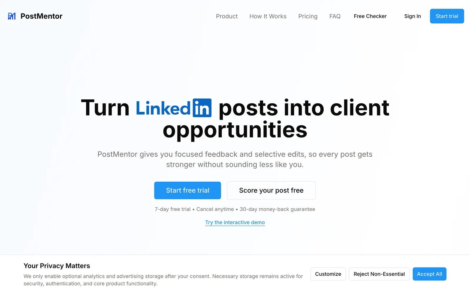 Screenshot of the PostMentor website